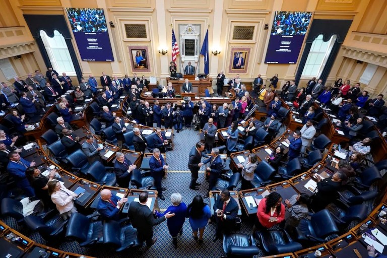 Gov. Glenn Youngkin (R-VA), center, greets legislators as he arrives to deliver his annual State of the Commonwealth address before a joint session of the Virginia General Assembly at the Capitol, Monday, Jan. 13, 2025, in Richmond, Virginia.