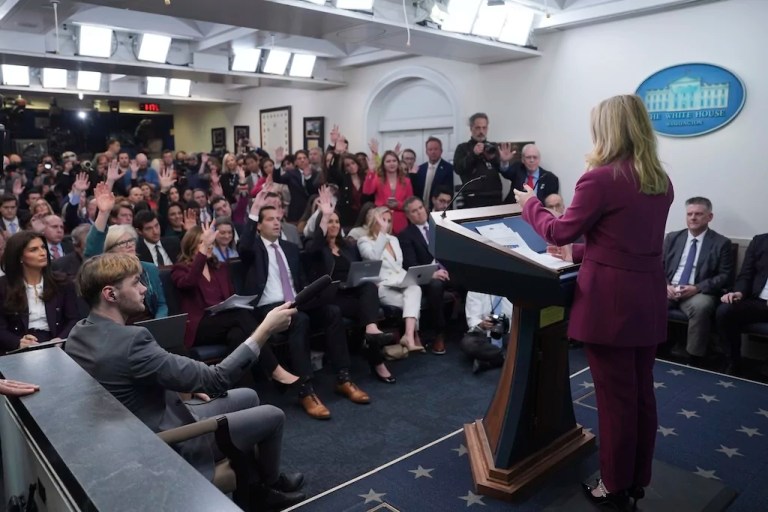 White House press secretary Karoline Leavitt speaks during a briefing at the White House, Tuesday, Jan. 28, 2025, in Washington.