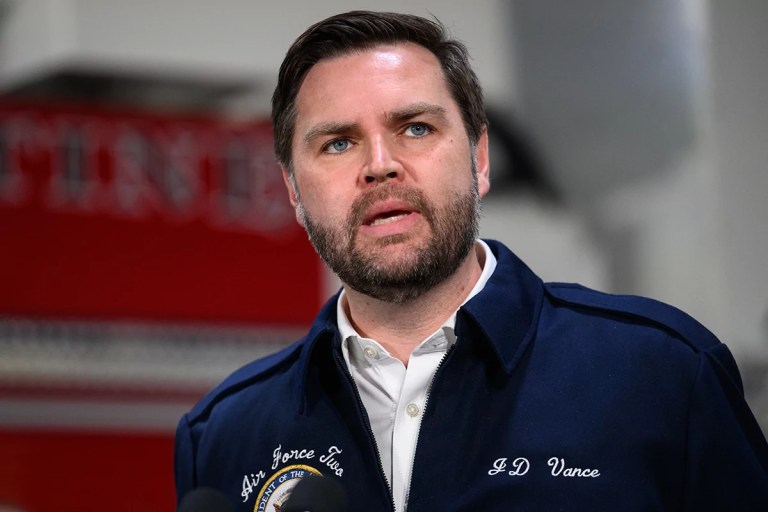Vice President JD Vance makes remarks during a visit to the East Palestine Fire Station on the second anniversary of the Norfolk Southern train derailment in East Palestine, Ohio, on Monday, Feb. 3, 2025.
