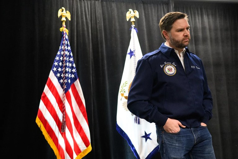 Vice President JD Vance makes remarks during a visit to the East Palestine Fire Station on the second anniversary of the Norfolk Southern train derailment in East Palestine, Ohio, on Monday, Feb. 3, 2025.
