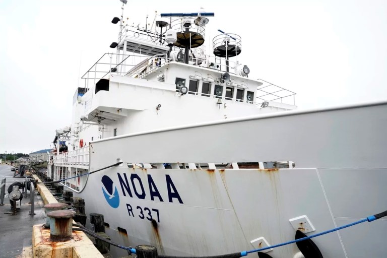 The National Oceanic and Atmospheric Administration's Okeanos Explorer sits at a dock on Friday, June 23, 2023, in Kodiak, Alaska. The ship, a reconfigured former U.S. Navy vessel run by civilians and members of the NOAA Corps, is specially outfitted with technology and tools needed to access deep into the ocean, and to share that data with the public and on-shore researchers in real-time.