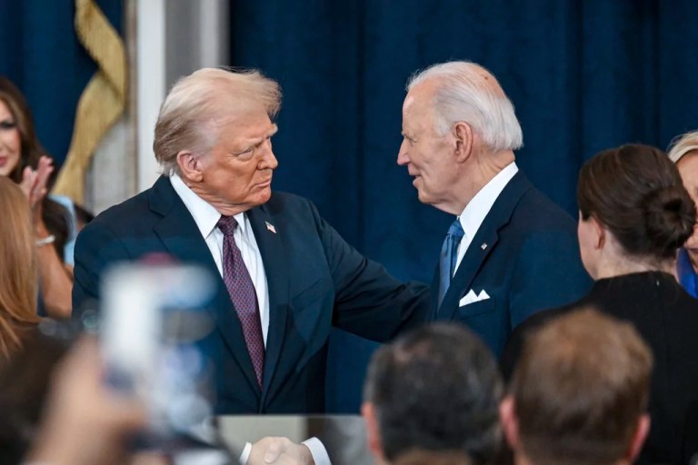 President Donald Trump, left, greets former President Joe Biden at the 60th Presidential Inauguration in the Rotunda of the U.S. Capitol in Washington, Monday, Jan. 20, 2025.
