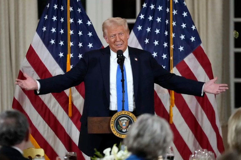 President Donald Trump speaks at a dinner with Senate Republicans at Mar-a-Lago in Palm Beach, Florida, Friday, Feb. 7, 2025.