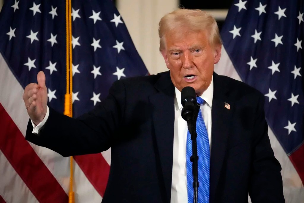 President Donald Trump speaks at a dinner with Senate Republicans at Mar-a-Lago in Palm Beach, Florida, Friday, Feb. 7, 2025.