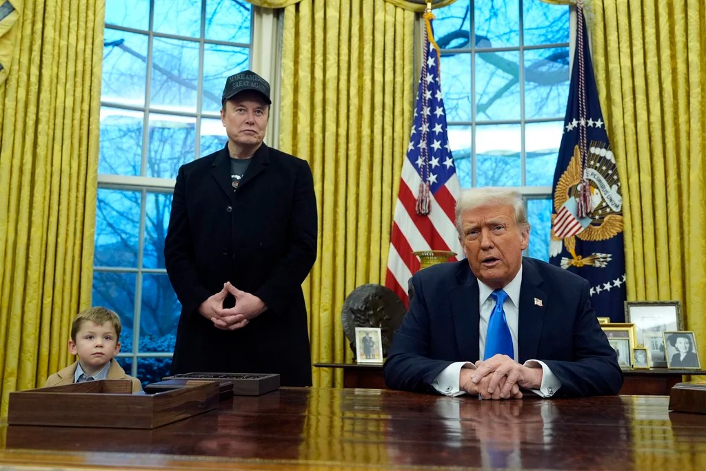 President Donald Trump speaks as he is joined by Elon Musk, and his son X Æ A-Xii, in the Oval Office at the White House, Tuesday, Feb. 11, 2025, in Washington. (Photo/Alex Brandon)
