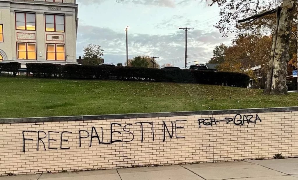 Graffiti on the wall of Allderdice High School in October 2023.