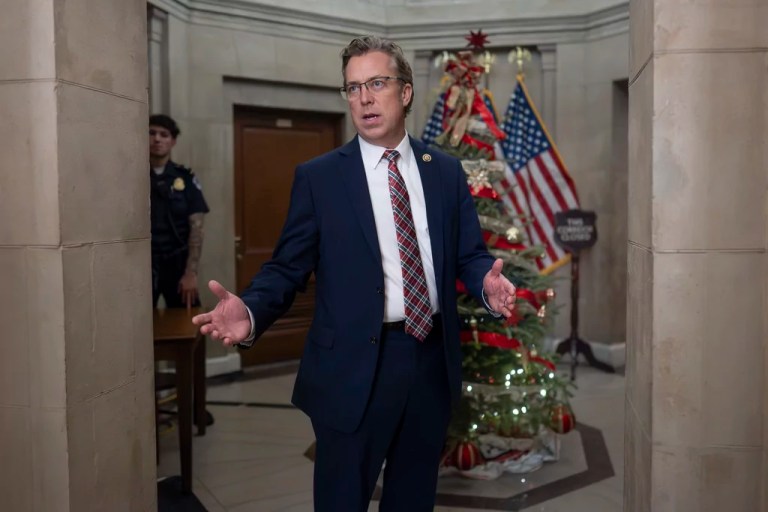 Rep. Andy Ogles, R-Tenn., arrives at the office of Speaker of the House Mike Johnson before a vote on an amended interim spending bill to prevent a government shutdown after President-elect Donald Trump abruptly rejected a bipartisan plan yesterday, at the Capitol in Washington.