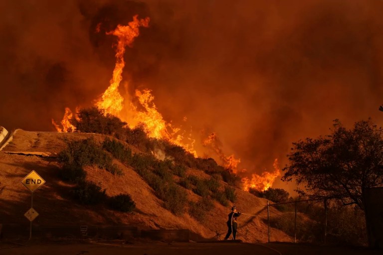 A firefighter battles the Palisades fire in Mandeville Canyon, Saturday, Jan. 11, 2025, in Los Angeles.