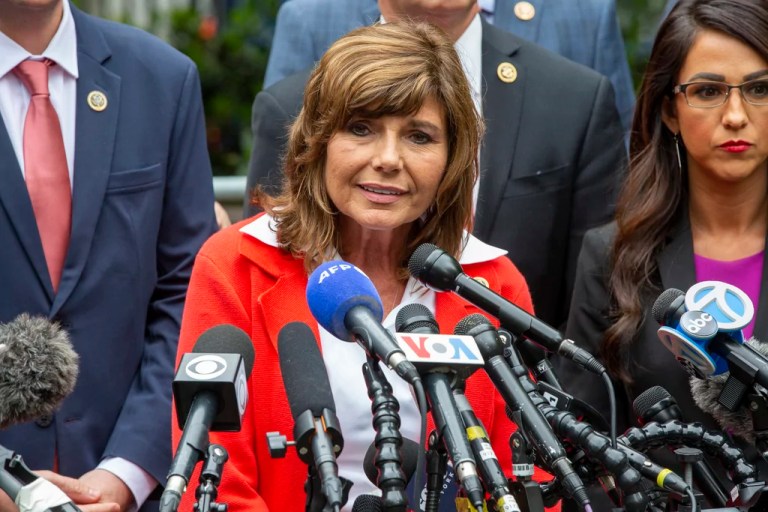 Rep. Diana Harshbarger, R-Tenn, speaks outside the hush money criminal case of former president Donald Trump in New York on Thursday, May 16, 2024. (AP Photo/Ted Shaffrey)