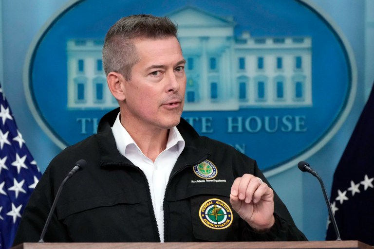 Transportation Secretary Sean Duffy speaks speaks in the James Brady Press Briefing Room with President Donald Trump at the White House, Thursday, Jan. 30, 2025, in Washington.