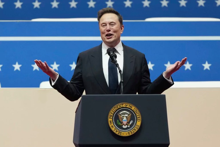 Elon Musk speaks at an indoor presidential inauguration parade event in Washington, Jan. 20, 2025.