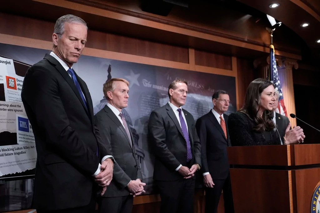 From left, Senate Majority Leader John Thune, R-S.D., Sen. James Lankford, R-Okla., Sen. Ted Budd, R-N.C., Sen. John Barrasso, R-Wyo., and Sen. Katie Britt, R-Ala., talk to reporters at the Capitol in Washington, Thursday, Jan. 9, 2025.