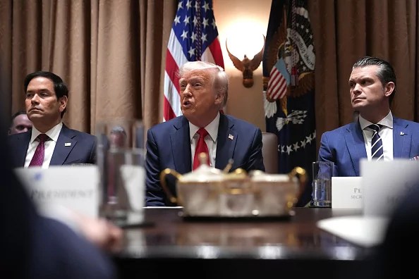 U.S. President Donald Trump delivers remarks during a Cabinet Meeting at the White House on February 26, 2025 in Washington, DC. Trump is holding the first Cabinet meeting of his second term, joined by Tesla and SpaceX CEO Elon Musk, head of the Department of Government Efficiency (DOGE). Trump was joined by Secretary of State Marco Rubio (L) and Secretary of Defense Pete Hegseth.