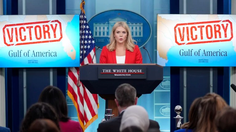 White House press secretary Karoline Leavitt speaks during a press briefing in the James Brady Press Briefing Room at the White House, Tuesday, Feb. 25, 2025, in Washington.