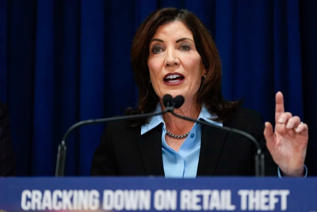 Gov. Kathy Hochul (D-NY) speaks at a press conference on an international stolen merchandise ring, Tuesday, Nov. 26, 2024, in the Queens borough of New York.