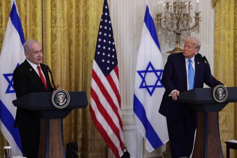 President Donald Trump and Israeli Prime Minister Benjamin Netanyahu speak at a White House press conference, Feb. 4, 2025.