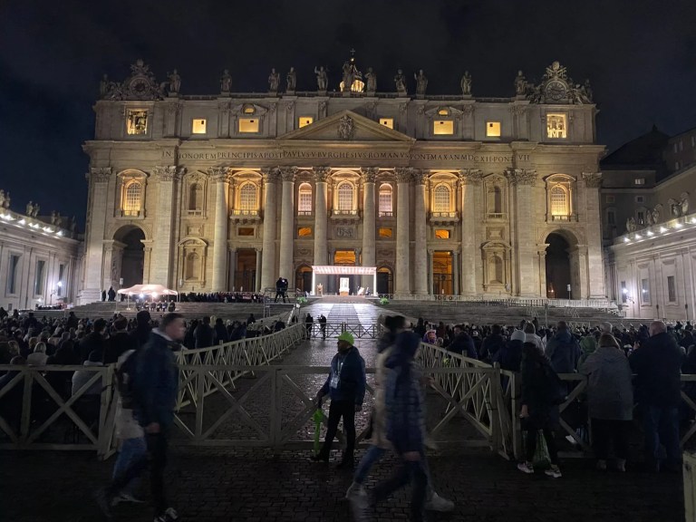 Large crowds gather outside St. Peter's Basilica in Vatican City to recite the rosary for the health of Pope Francis.