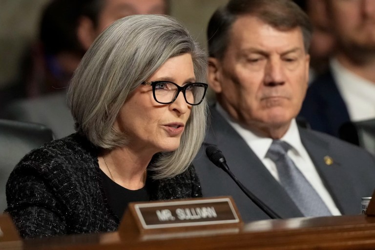 Sen. Joni Ernst (R-IA) speaks during the Senate Armed Services Committee confirmation hearing for Secretary of Defense Pete Hegseth at the Capitol in Washington, Tuesday, Jan. 14, 2025.
