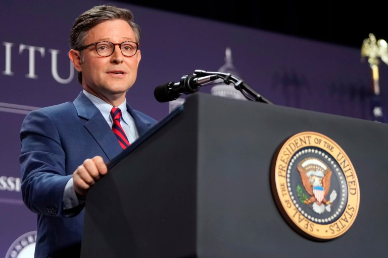 House Speaker Mike Johnson (R-LA) speaks before President Donald Trump at the 2025 House Republican Members Conference Dinner at Trump National Doral Miami in Florida, Monday, Jan. 27, 2025.