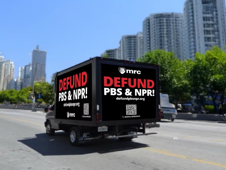 A van similar to this is driving around the Capitol today pushing for defunding NPR and PBS. Photo courtesy Media Research Center.
