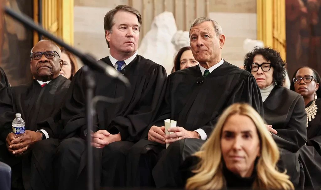 From left, Supreme Court Justice Clarence Thomas, Supreme Court Justice Brett Kavanaugh, Supreme Court Chief Justice John Roberts, Supreme Court Justice Sonia Sotomayor, and Supreme Court Justice Ketanji Brown Jackson listen as President Donald Trump speaks during the 60th Presidential Inauguration in the Rotunda of the U.S. Capitol in Washington, Monday, Jan. 20, 2025.