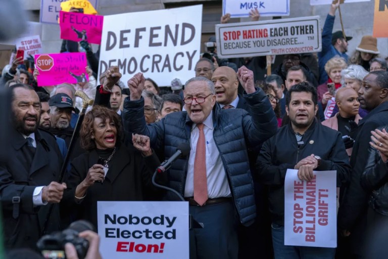 Senate Minority Leader Chuck Schumer (D-NY), accompanied by other members of Congress, including Rep. Maxine Waters (D-CA), speaks during a rally against Elon Musk.