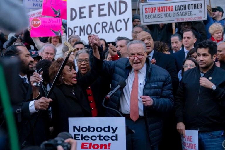 Senate Minority Leader Chuck Schumer (D-NY), accompanied by other members of congress, including Rep. Maxine Waters (D-CA), speaks during a rally against Elon Musk outside the Treasury Department in Washington, Tuesday, Feb. 4, 2025.