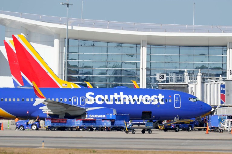 A Southwest Airlines airplane sits at the gate at New Orleans International Airport, Sunday, Feb. 2, 2025, in Kenner, Louisiana.