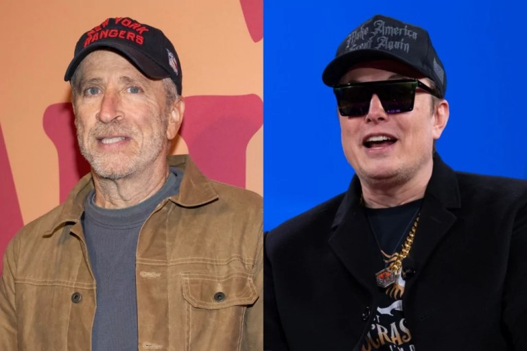 Comedian Jon Stewart, left, and billionaire Elon Musk, right.