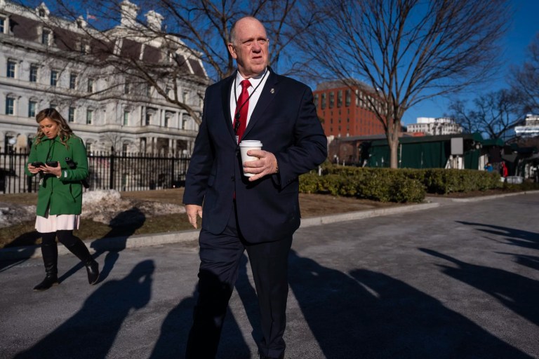 White House border czar Tom Homan speaks with reporters at the White House, Wednesday, Jan. 29, 2025, in Washington.