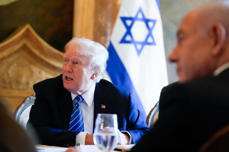 President Donald Trump meets with Israeli Prime Minister Benjamin Netanyahu at his Mar-a-Lago estate, Friday, July 26, 2024, in Palm Beach, Florida.