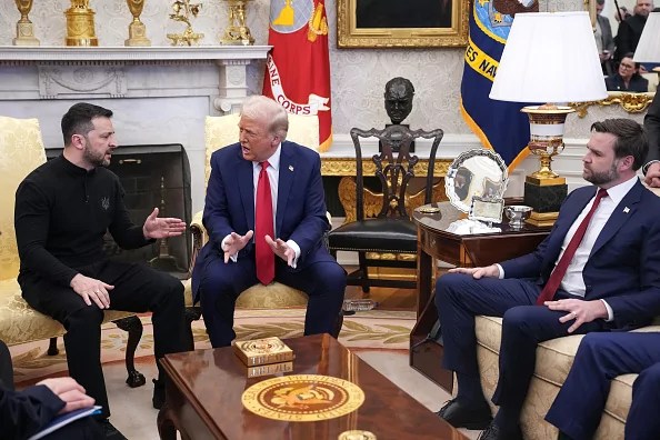 U.S. President Donald Trump (C) and Vice President JD Vance meet with Ukrainian President Volodymyr Zelensky in the Oval Office at the White House on February 28, 2025 in Washington, DC. Trump and Zelensky are meeting today to negotiate a preliminary agreement on sharing Ukraine’s mineral resources that Trump says will allow America to recoup aid provided to Kyiv while supporting Ukraine’s economy.
