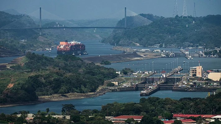 A cargo ship sails along the Panama Canal, seen from Cerro Ancon in Panama City, Friday, Jan. 31, 2025.