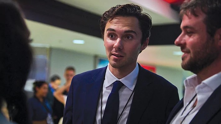 David Hogg, gun control advocate and survivor of the Marjory Stoneman Douglas High School tragedy, at the 2024 Democratic National Convention in Chicago, Illinois, Thursday, August 22, 2024.