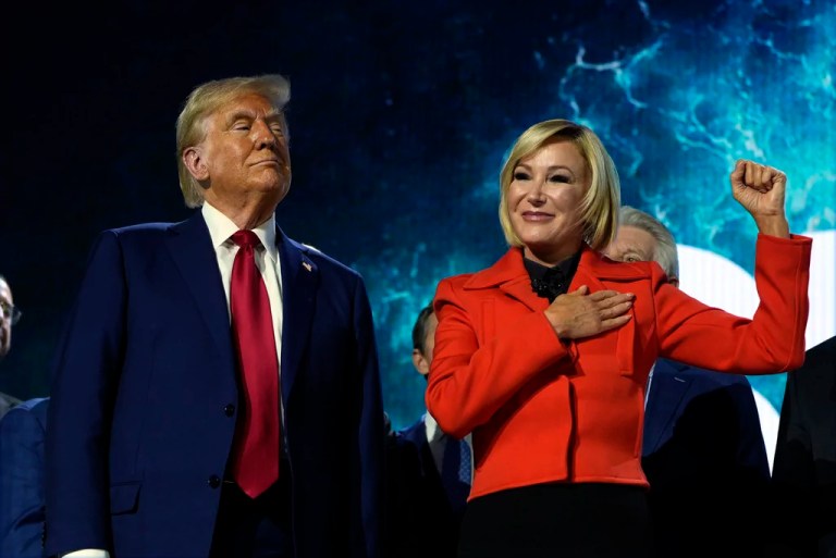 President Donald Trump stands with Pastor Paula White during the National Faith Summit at Worship With Wonders Church, Monday, Oct. 28, 2024, in Powder Springs, Georgia.