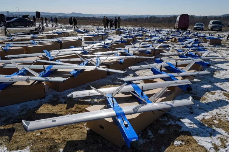 Ukrainian-made fixed-wing Besomar 3210 drone interceptors are handed over to the Armed Forces by Kozytskyi Charity Foundation in an undisclosed location in the Lviv region, western Ukraine, Friday, Feb. 21, 2025.