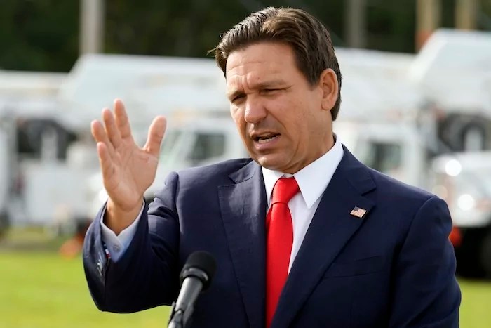 Gov. Ron DeSantis (R-Fl) gestures during a news conference, Wednesday, Sept. 25, 2024, at the Tampa Electric Company offices in Tampa, Florida.