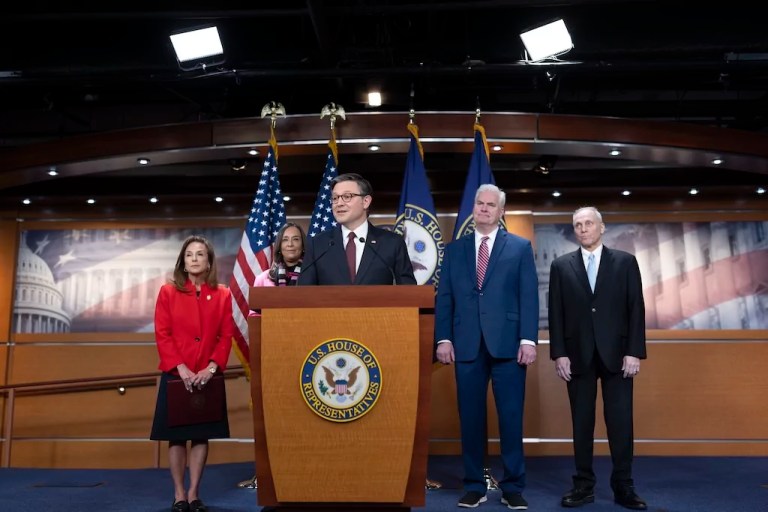 House Speaker Mike Johnson (R-LA), center, is joined by, from left, Rep. Lisa McClain (R-MI), chairwoman of the House Republican Conference, Rep. Monica De La Cruz (R-TX), House Majority Whip Tom Emmer (R-MN), and House Majority Leader Steve Scalise (R-LA) as they speak with reporters to discuss the Trump agenda following a closed-door strategy session at the Capitol in Washington, Wednesday, Feb. 5, 2025.