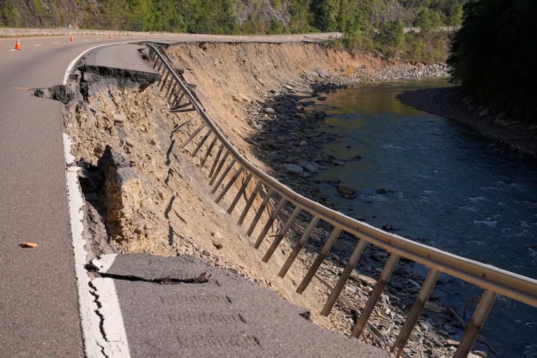 Damage from Hurricane Helene flooding is seen along eastbound lanes of Interstate 40 near the North Carolina state line, Oct. 7, 2024, in Cocke County, Tennessee.