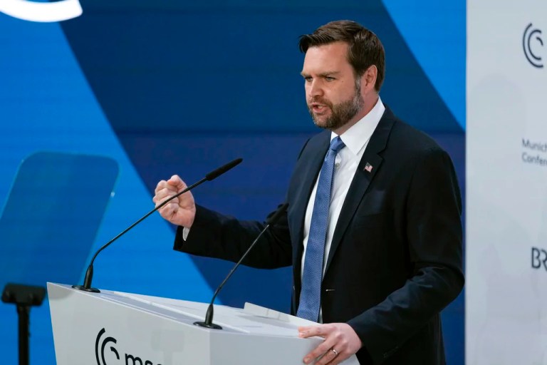 United States Vice-President JD Vance addresses the audience during the Munich Security Conference at the Bayerischer Hof Hotel in Munich, Germany, Friday, Feb. 14, 2025.