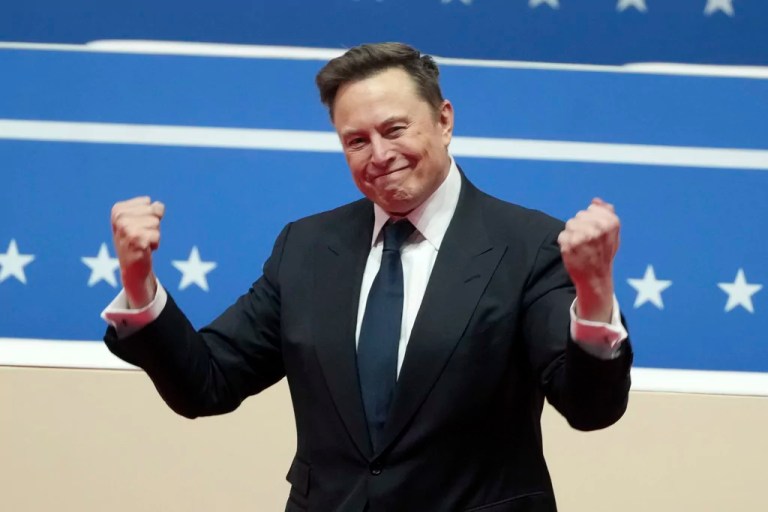 Elon Musk arrives to speak at an indoor presidential inauguration parade event in Washington, Monday, Jan. 20, 2025.