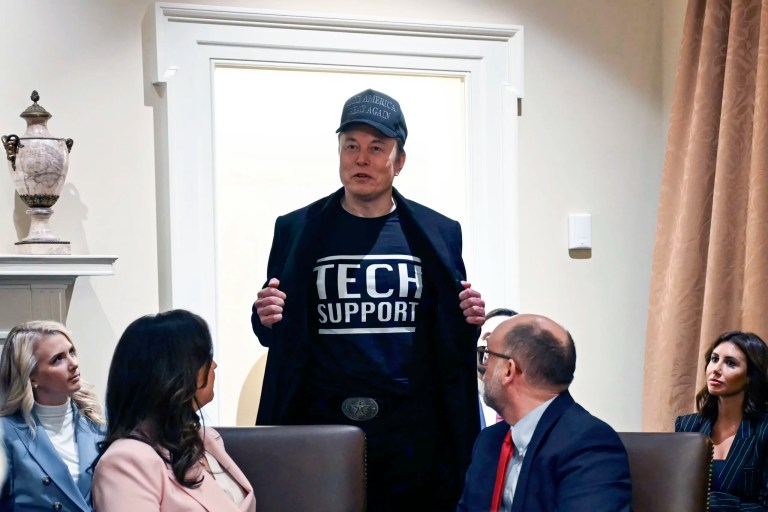 Elon Musk speaks as President Donald Trump holds his first Cabinet meeting at the White House in Washington, Wednesday, Feb. 26, 2025.