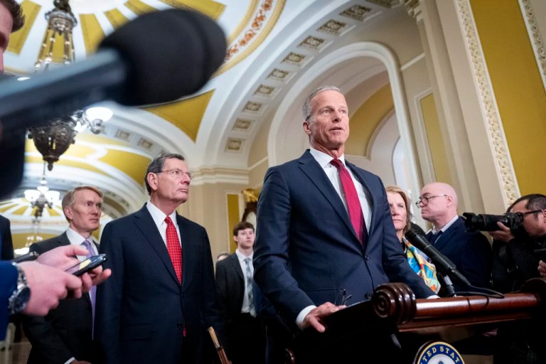 Senate Majority Leader Sen. John Thune, next to Sen. John Barrasso, R-Wyo., left, speaks to the media, Tuesday, Feb. 11, 2025, after a Senate policy luncheon on Capitol Hill in Washington.