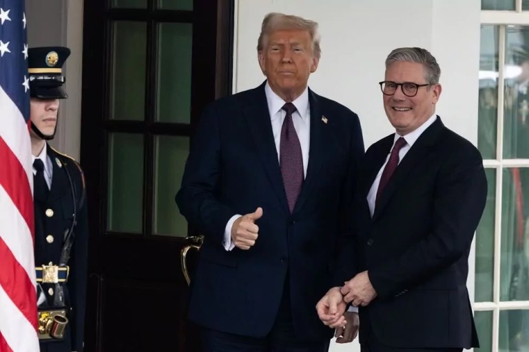 President Donald Trump, seated beside United Kingdom Prime Minister Keir Starmer Thursday, threw his support behind the U.K.'s plan to give up control of the Chagos Islands, an archipelago in the Indian Ocean that Republicans say is a critical check on China's influence in the region. (Graeme Jennings/Washington Examiner)