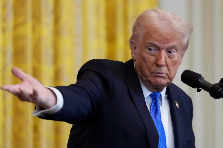 President Donald Trump speaks during a news conference with Japanese Prime Minister Shigeru Ishiba in the East Room of the White House, Friday, Feb. 7, 2025, in Washington.