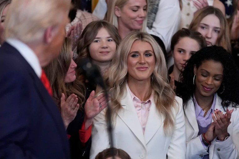 President Donald Trump acknowledges Riley Gaines as he speaks before signing an executive order barring transgender female athletes from competing in women's or girls' sporting events, in the East Room of the White House, Wednesday, Feb. 5, 2025