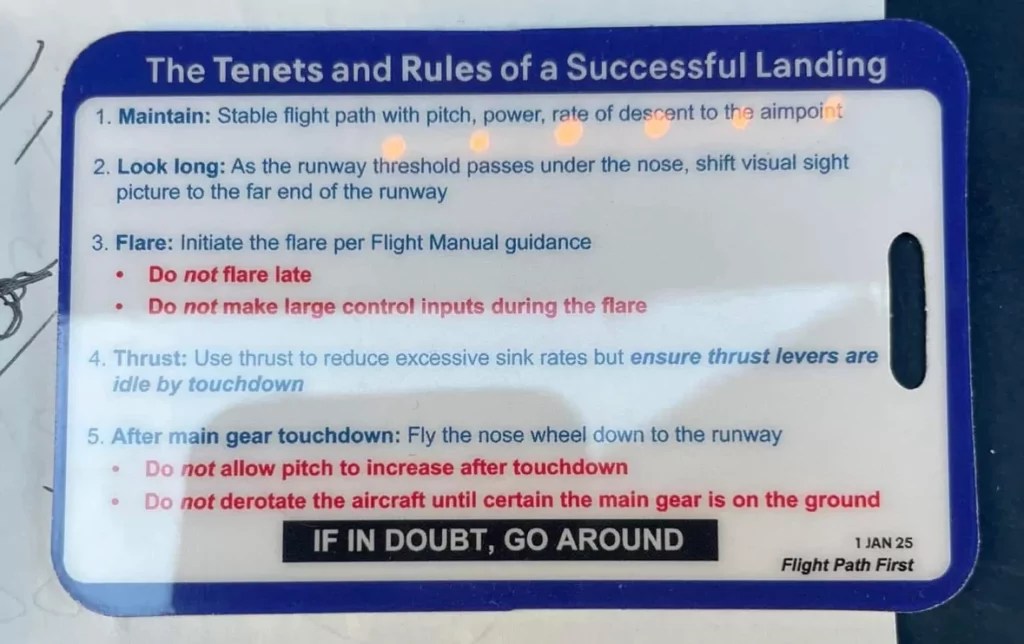 Card distributed to United Airlines pilots reminding them how to land a plane successfully.