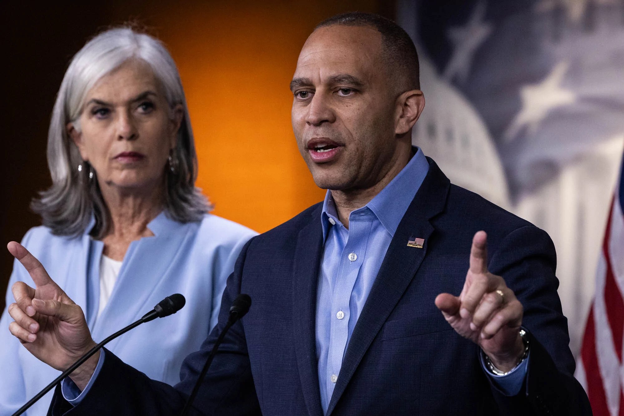 House Democratic Leader Hakeem Jeffries (D-NY) and whip Rep. Katherine Clark (D-MA) speak at a Capitol press conference on the government shutdown vote on March 14, 2025. (Graeme Jennings/Washington Examiner)
