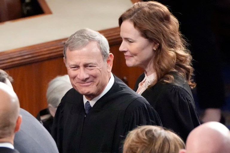 Chief Justice of the United States John Roberts, left, and Supreme Court Associate Amy Coney Barrett, right, arrive before President Donald Trump addresses a joint session of Congress on Capitol Hill in Washington, Tuesday, March 4, 2025.