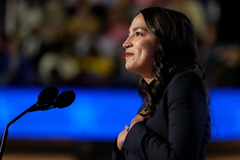 Rep. Alexandria Ocasio-Cortez, D-N.Y., speaks during the first day of Democratic National Convention, Monday, Aug. 19, 2024, in Chicago. (AP Photo/Jacquelyn Martin)